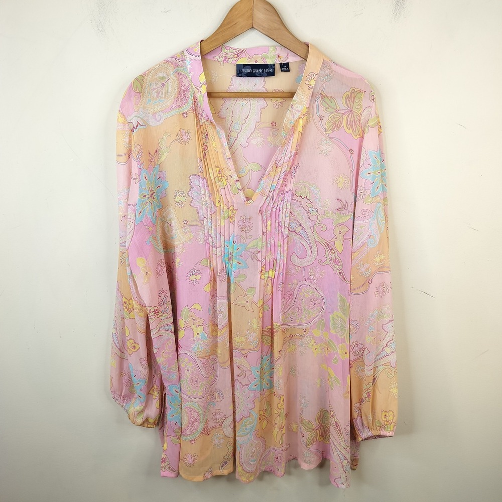 Susan Graver Paisley Chiffon Tunic 2X Women Pintuck Pleat Pink Boho Sheer